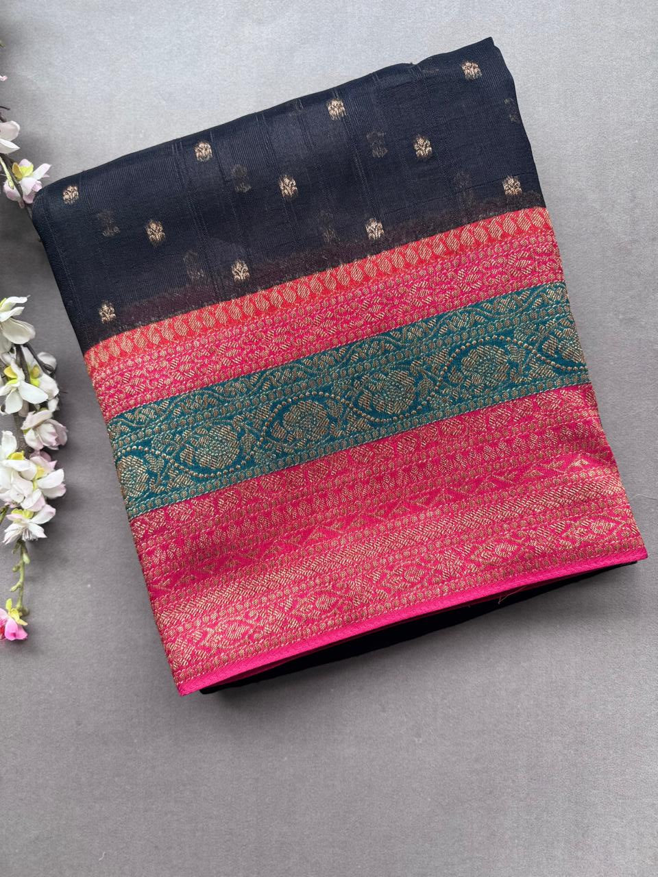 Black 3D Border Tussar Georgette Saree 108
