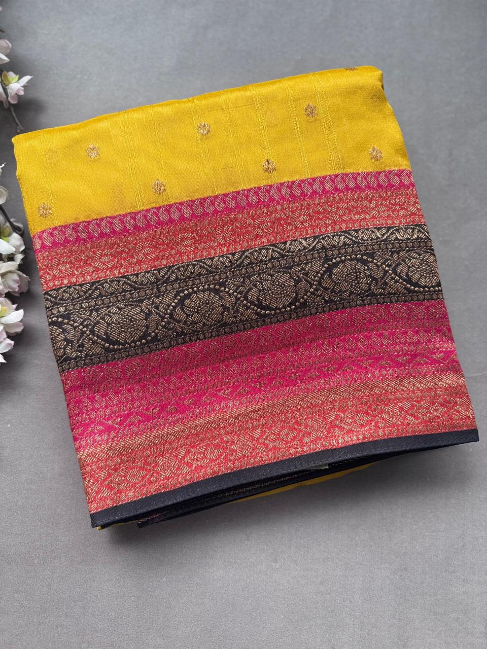Yellow 3D Border Tussar Georgette Saree 108