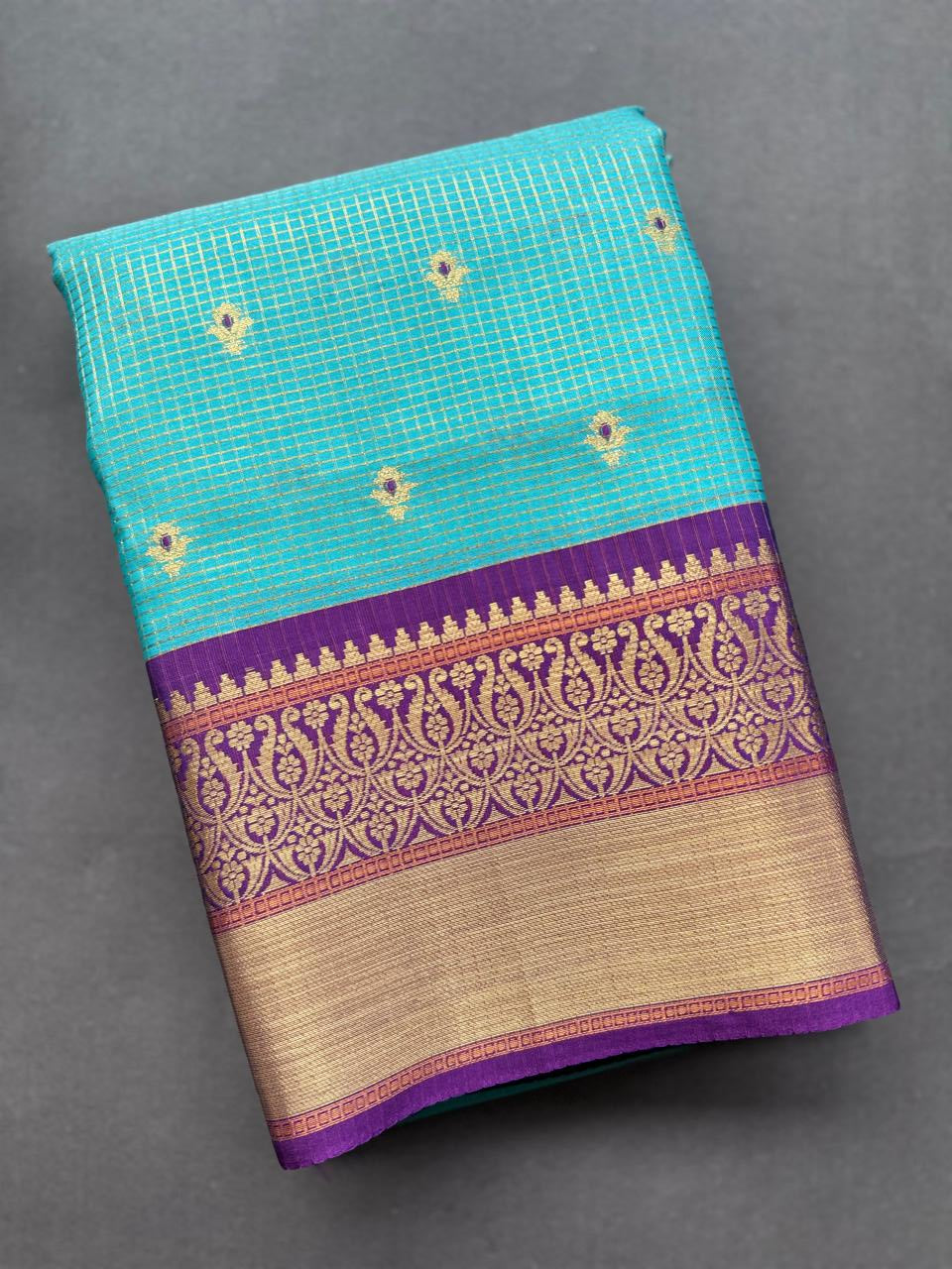 Sky Blue Checks Semi Kanchi Vintage Saree 108