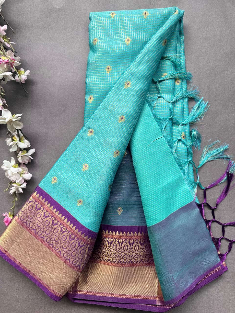 Sky Blue Checks Semi Kanchi Vintage Saree 108