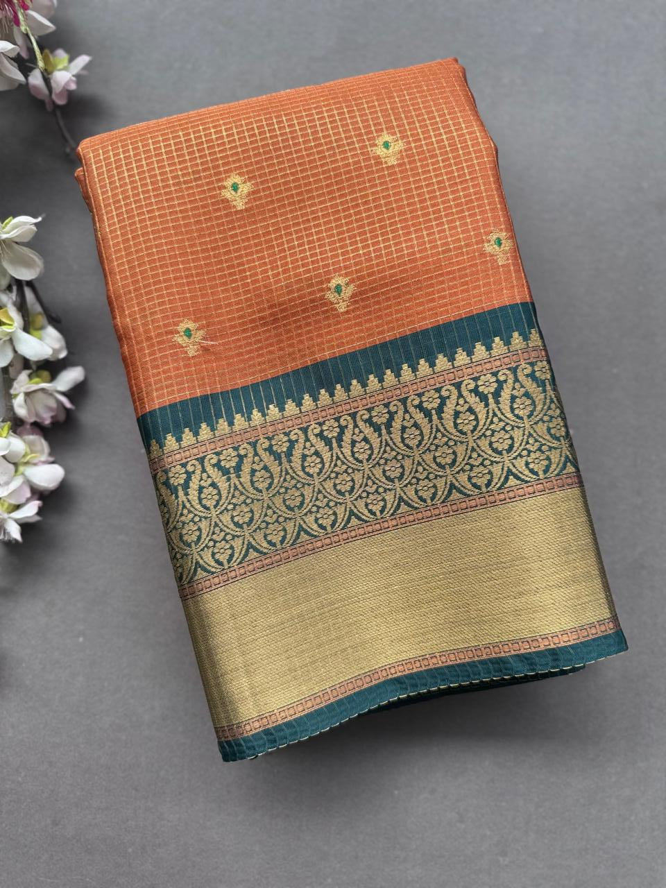 Orange Checks Semi Kanchi Vintage Saree 108