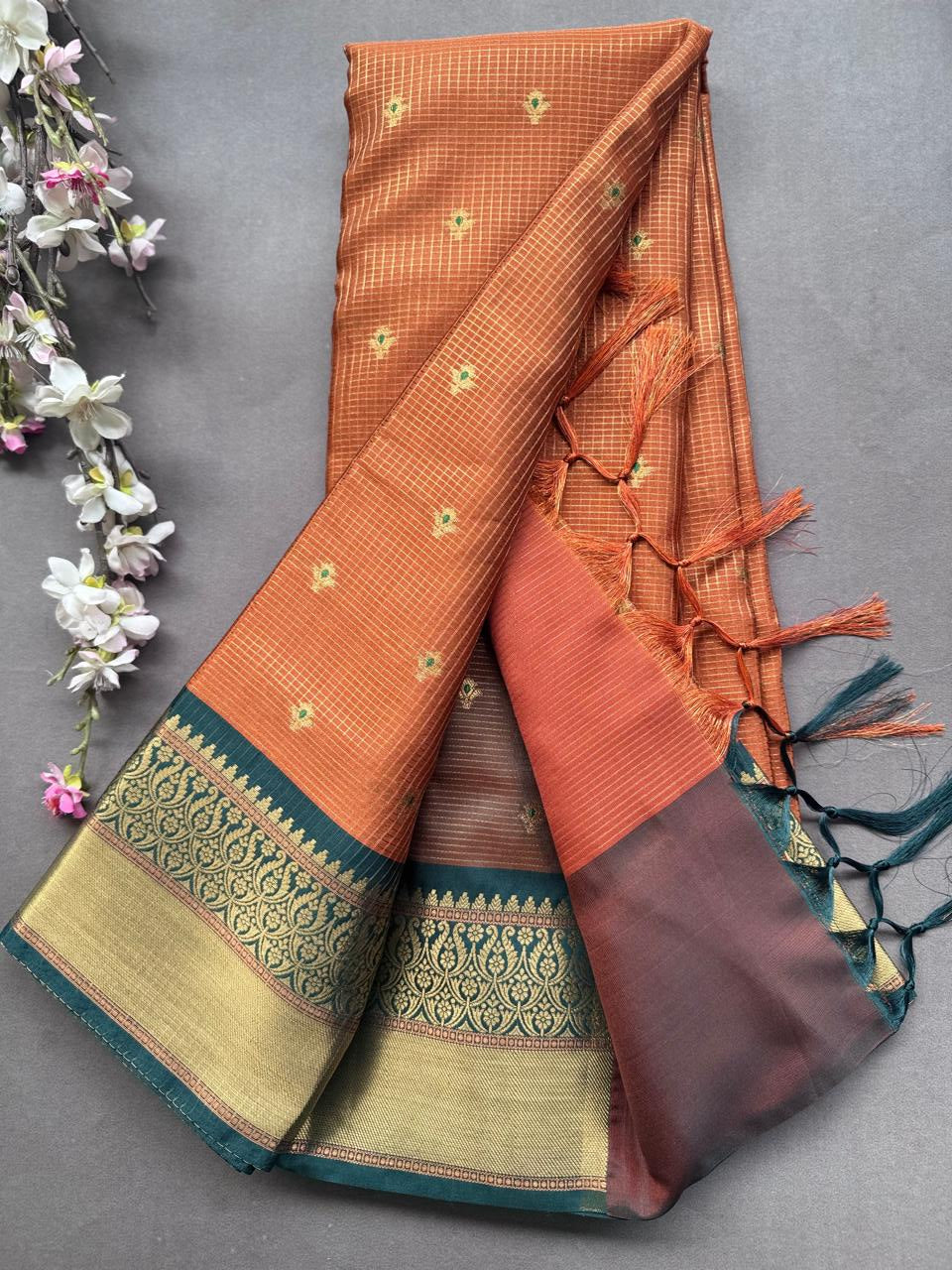 Orange Checks Semi Kanchi Vintage Saree 108