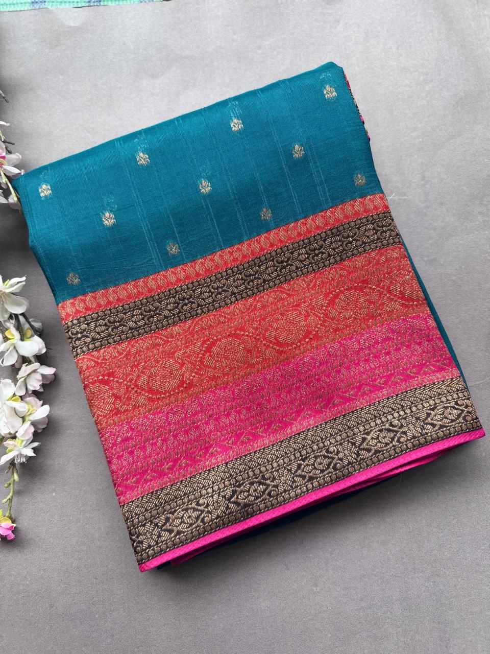 Rama Green 3D Border Tussar Georgette Saree 108