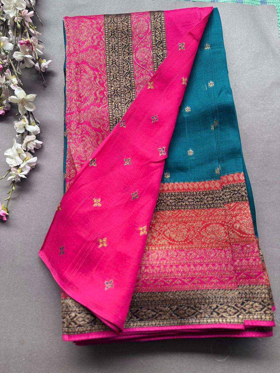 Rama Green 3D Border Tussar Georgette Saree 108