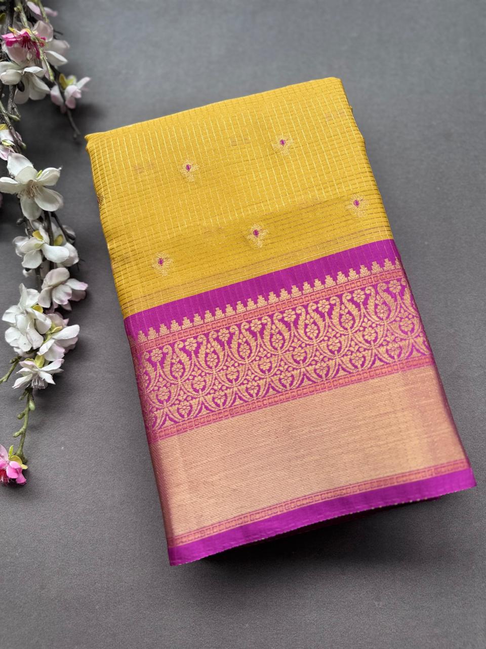 Yellow Checks Semi Kanchi Vintage Saree 108