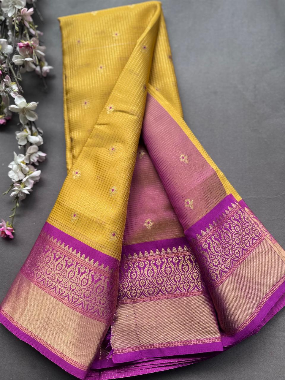 Yellow Checks Semi Kanchi Vintage Saree 108