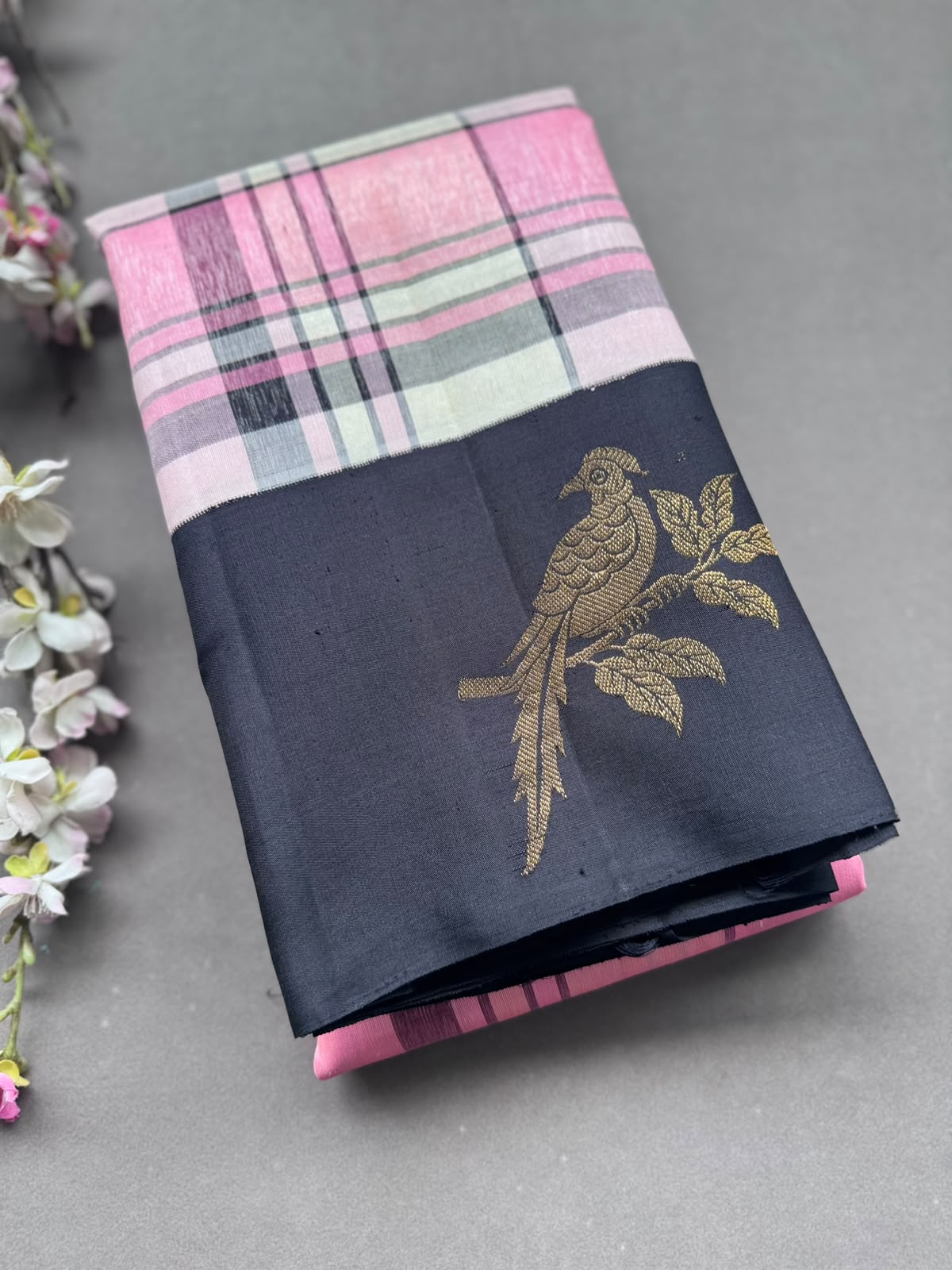 Pink n Black Checks Pure Kanchi Silk Saree 108