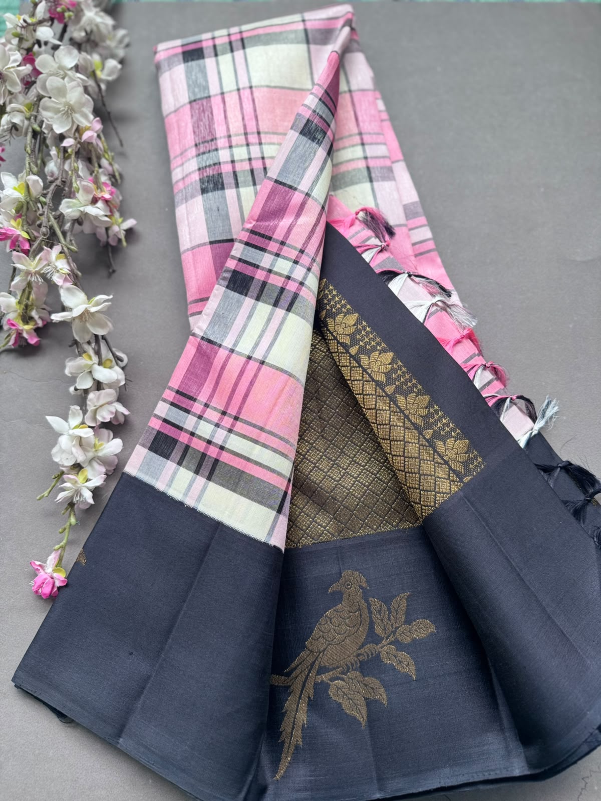 Pink n Black Checks Pure Kanchi Silk Saree 108