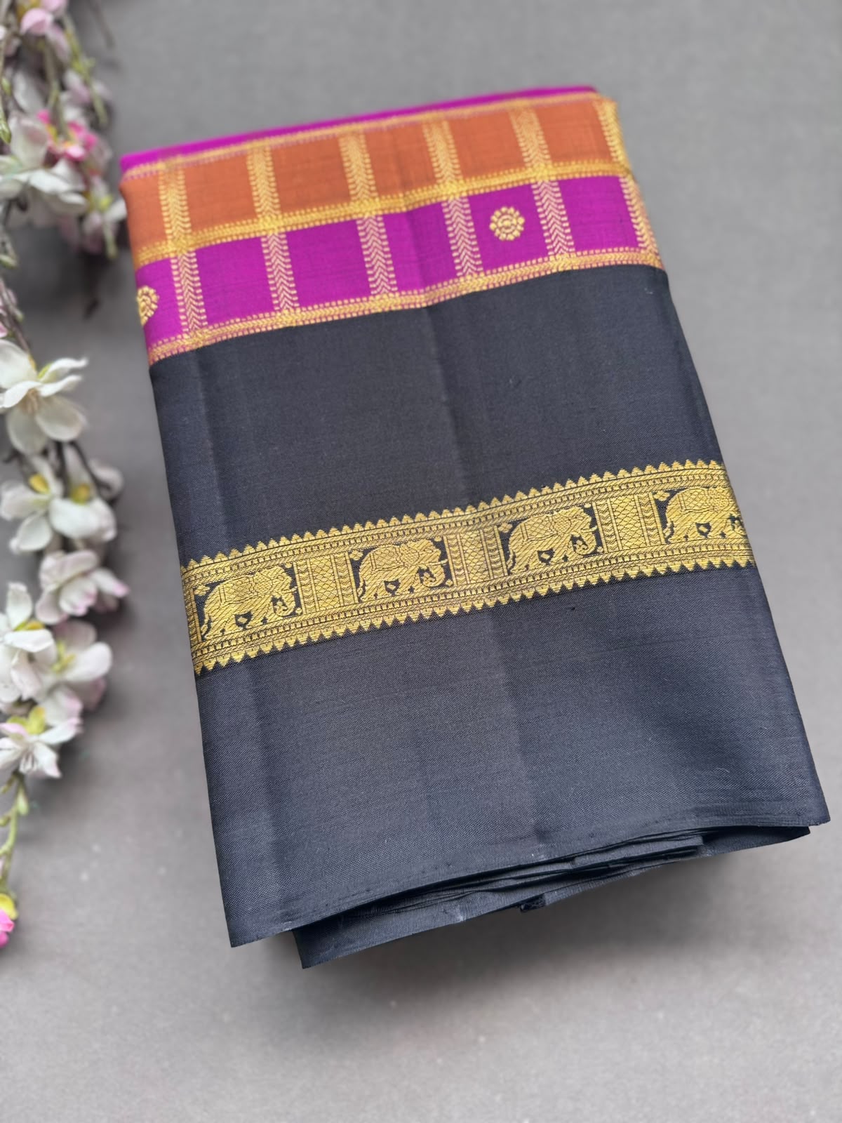 Magenta n Black Checks Pure Kanchi Silk Saree 108