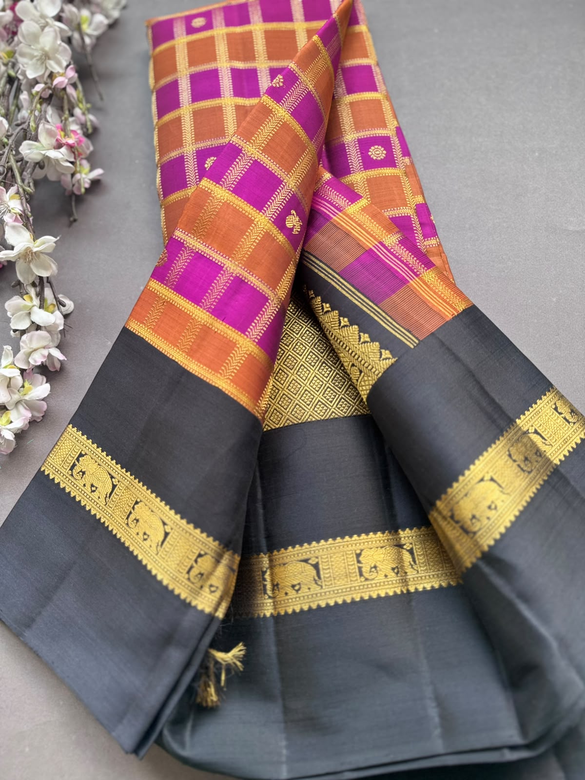 Magenta n Black Checks Pure Kanchi Silk Saree 108