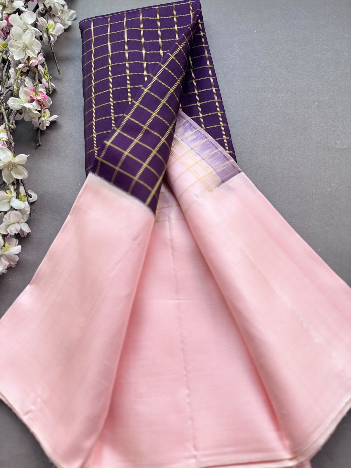 Navy Blue n Pink Checks Pure Kanchi Silk Saree 108