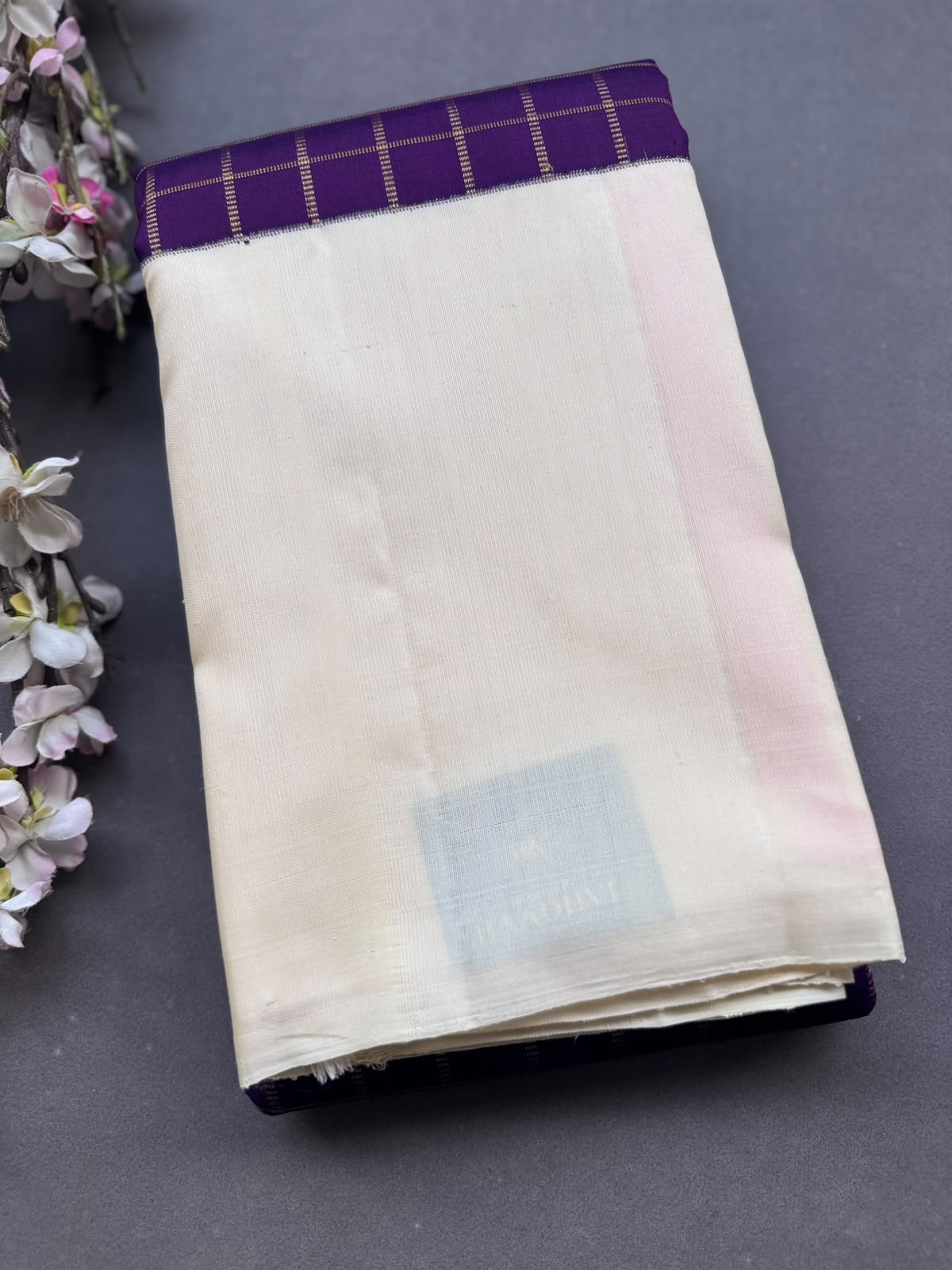 Purple n Cream Checks Pure Kanchi Silk Saree 108
