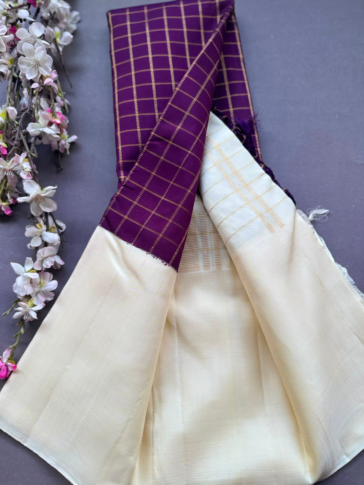 Purple n Cream Checks Pure Kanchi Silk Saree 108