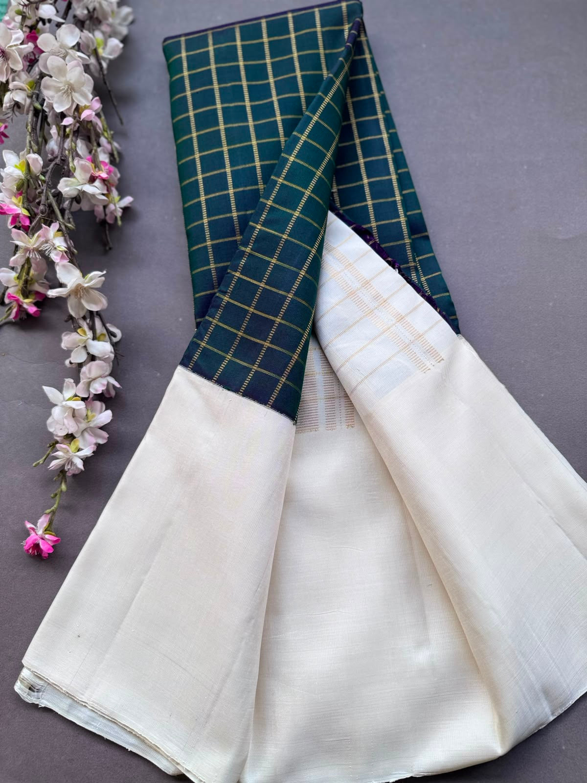 Bottle Green n Cream Checks Pure Kanchi Silk Saree 108