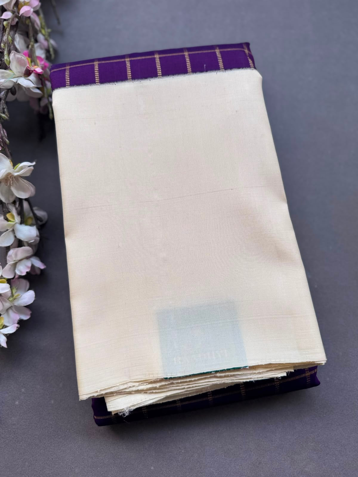 Purple n Cream Checks Pure Kanchi Silk Saree 108