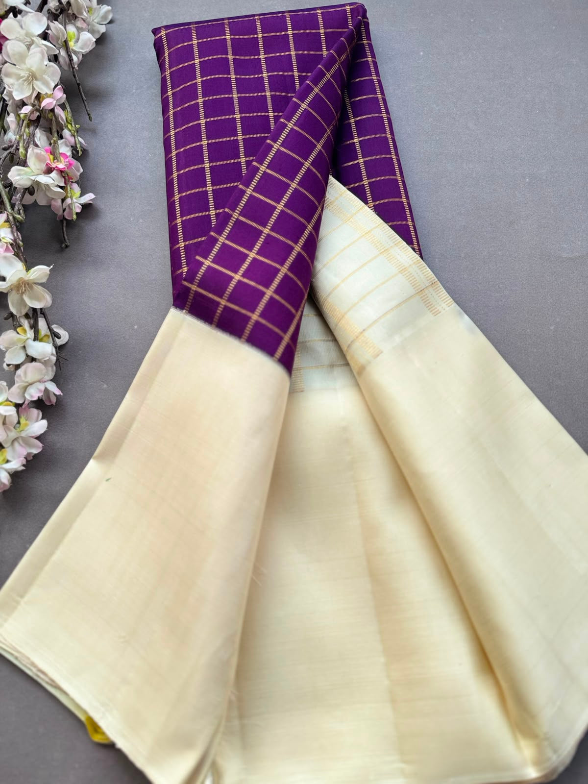 Purple n Cream Checks Pure Kanchi Silk Saree 108