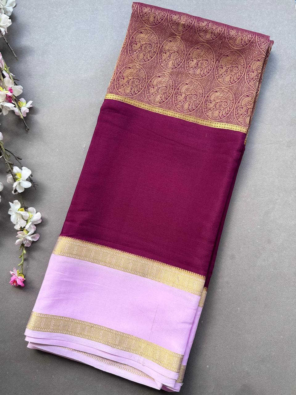 Wine Brocade Pure Mysore Crepe Silk Saree 108
