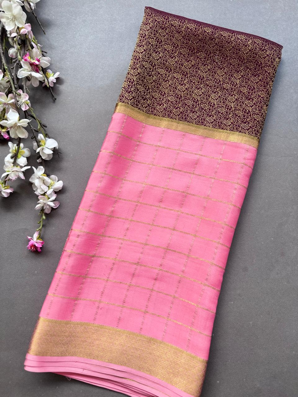 Pink Brocade Pure Mysore Crepe Silk Saree 108