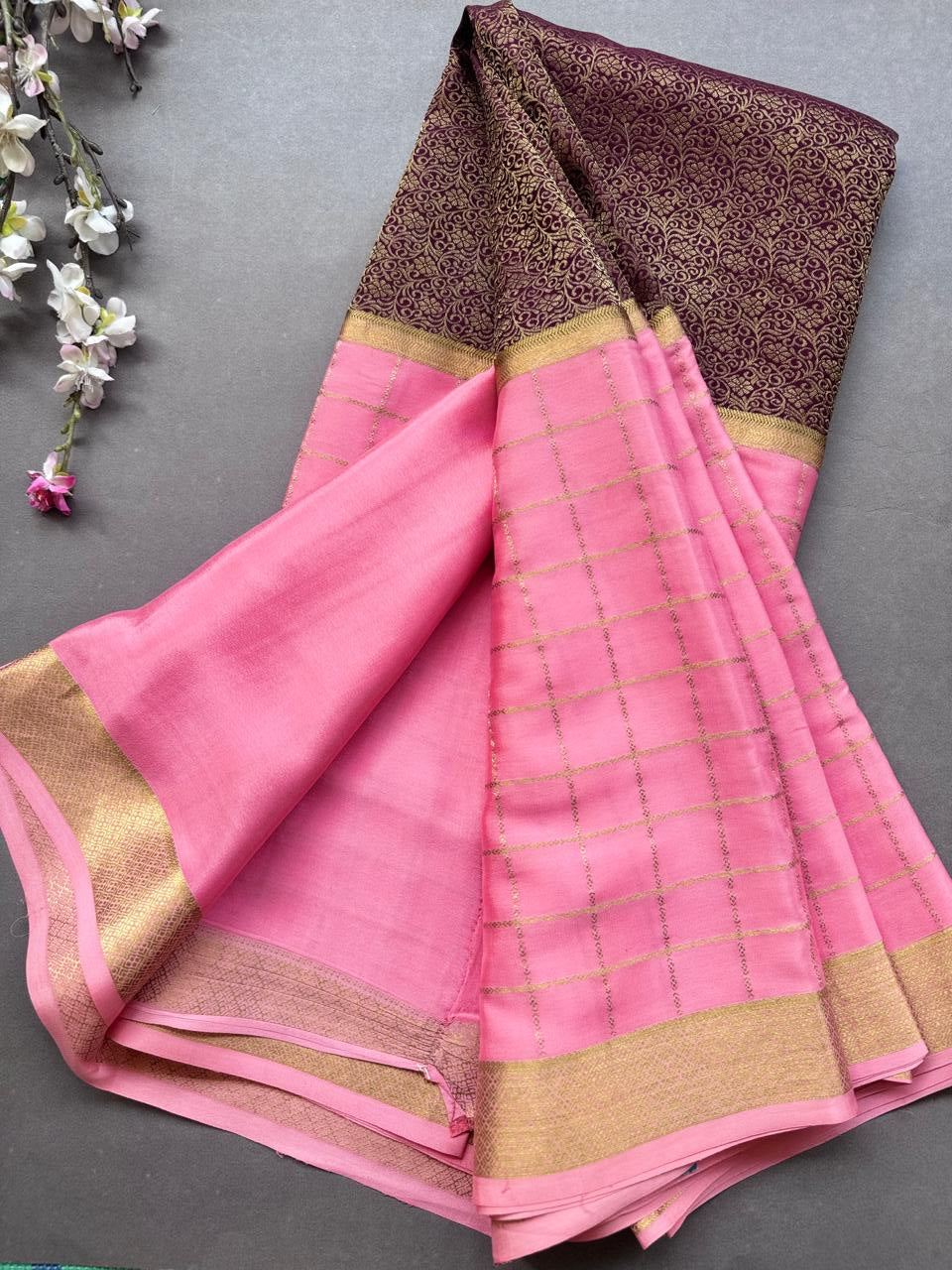Pink Brocade Pure Mysore Crepe Silk Saree 108