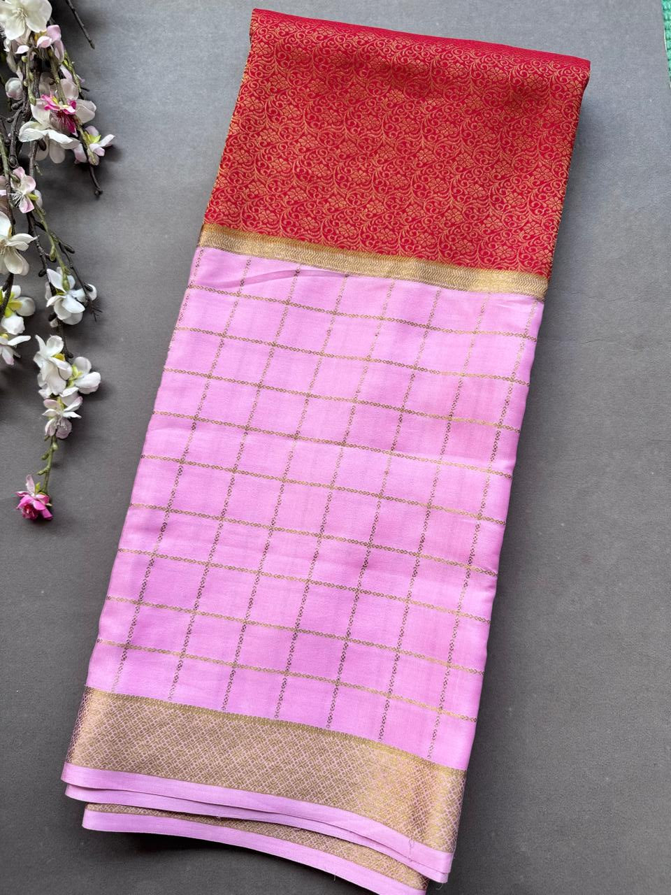 Pink Brocade Pure Mysore Crepe Silk Saree 108