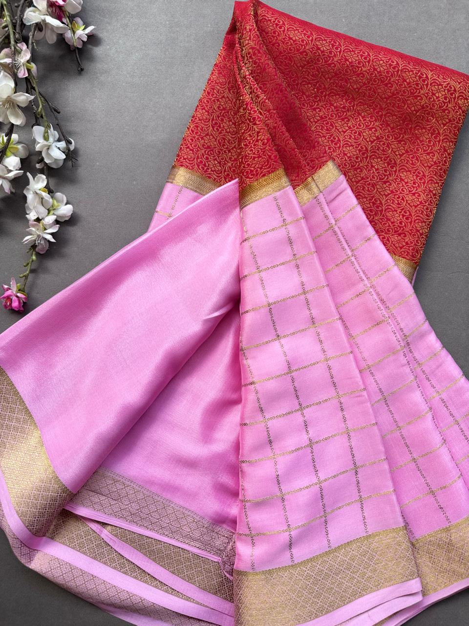 Pink Brocade Pure Mysore Crepe Silk Saree 108