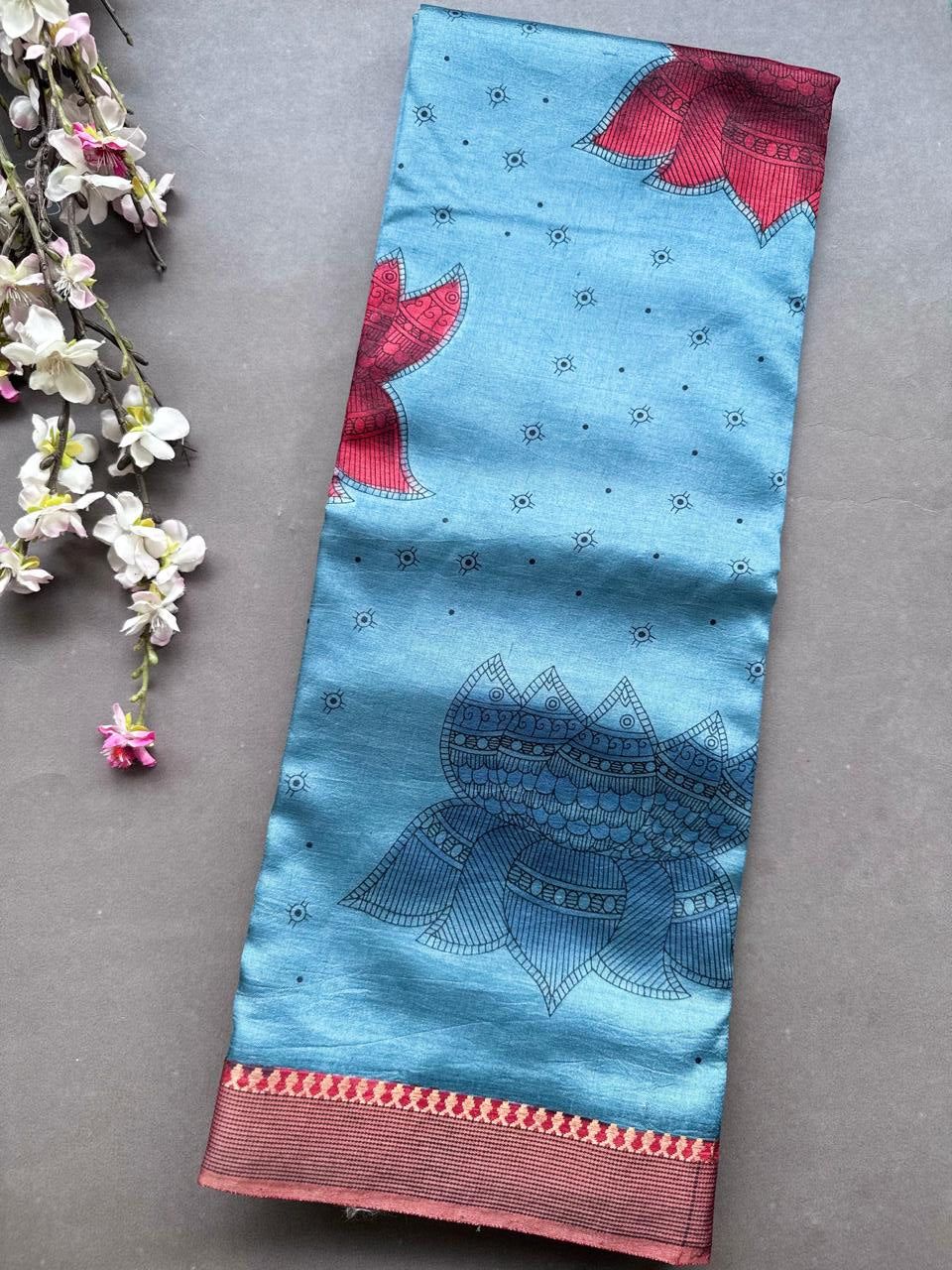 Blue Digital Print Pure Tussar Saree 108