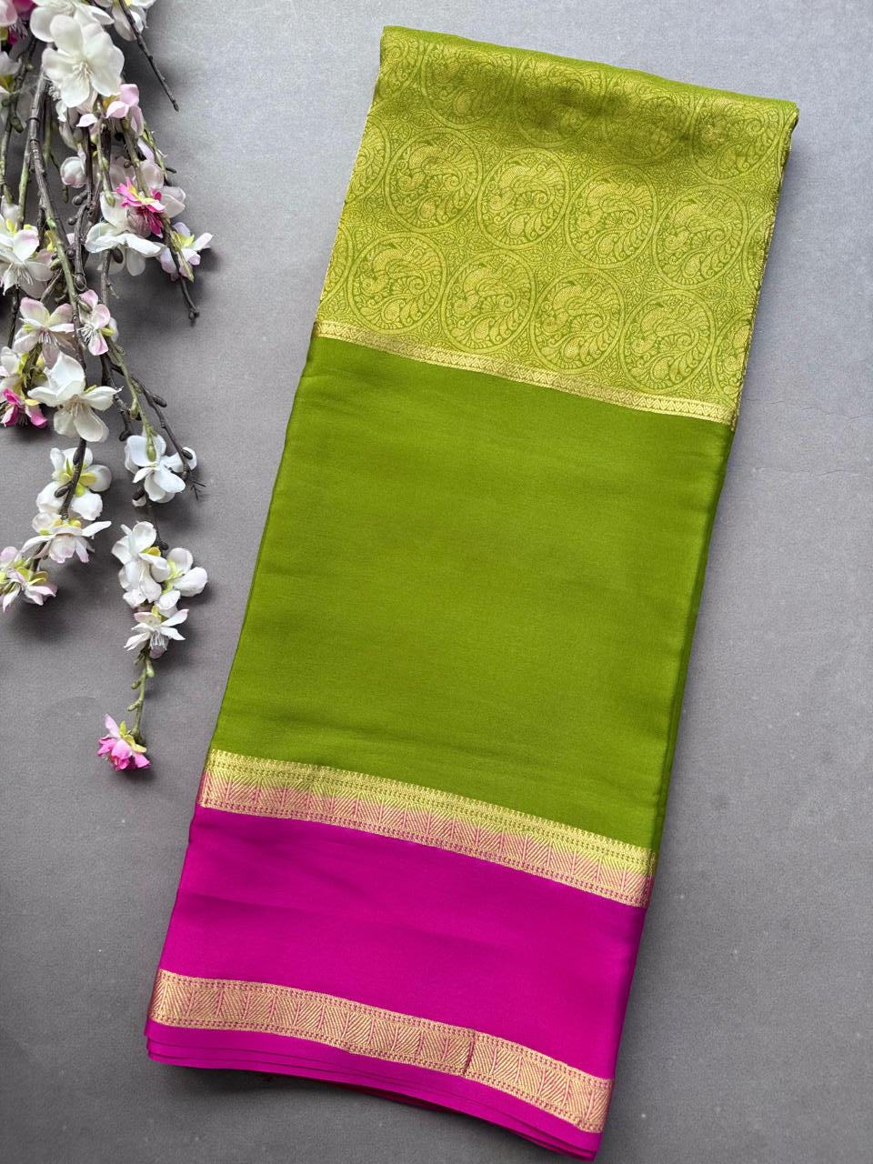 Mehandi Green Pure Mysore Crepe Silk Saree 108