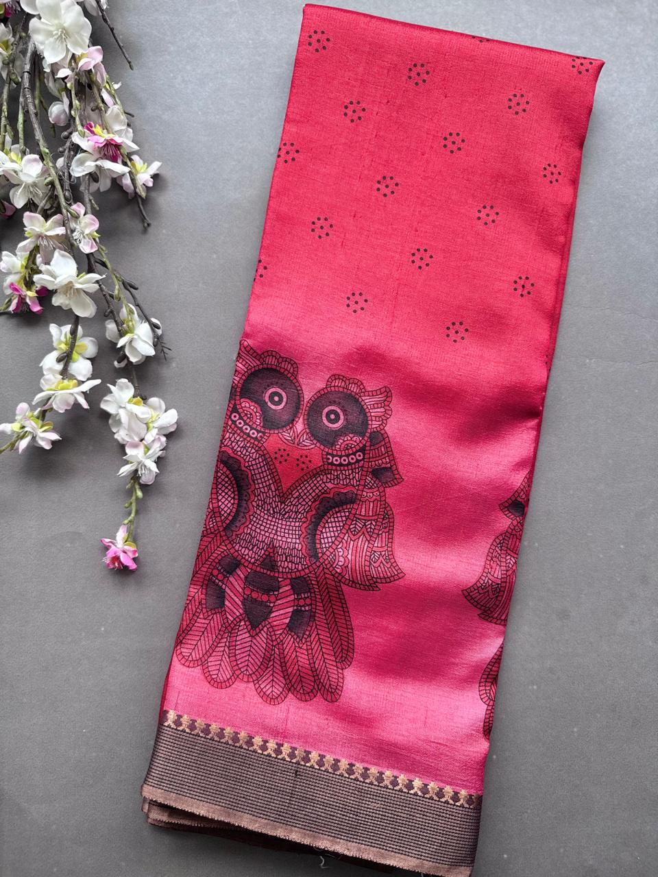 Red Digital Print Pure Tussar Saree 108