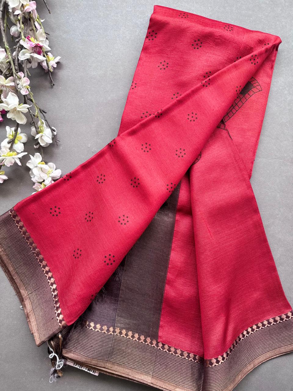 Red Digital Print Pure Tussar Saree 108