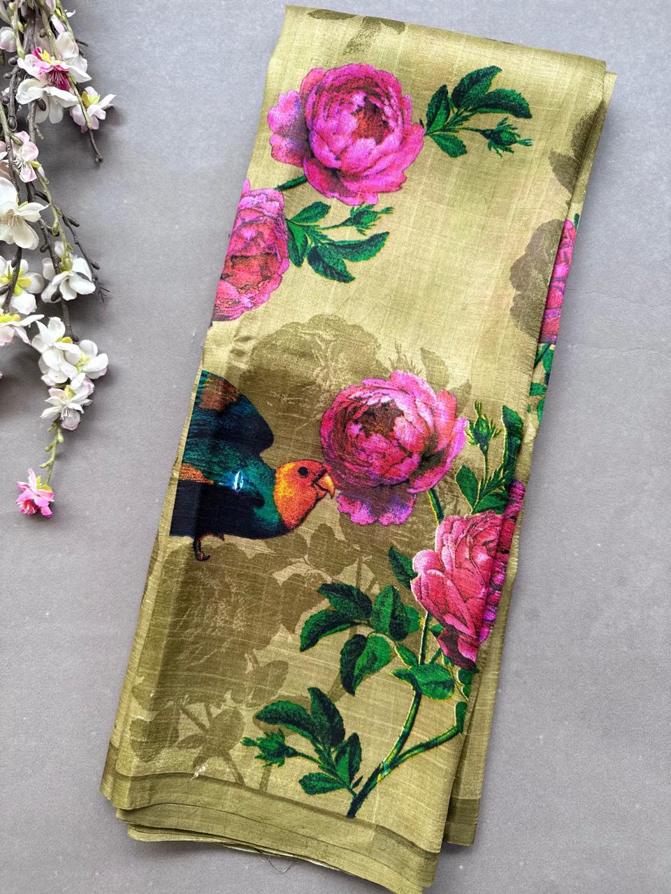 Olive Gold Digital Print Pure Tussar Saree 108