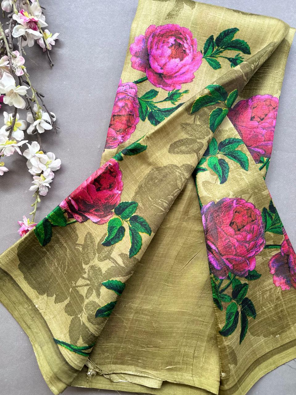 Olive Gold Digital Print Pure Tussar Saree 108