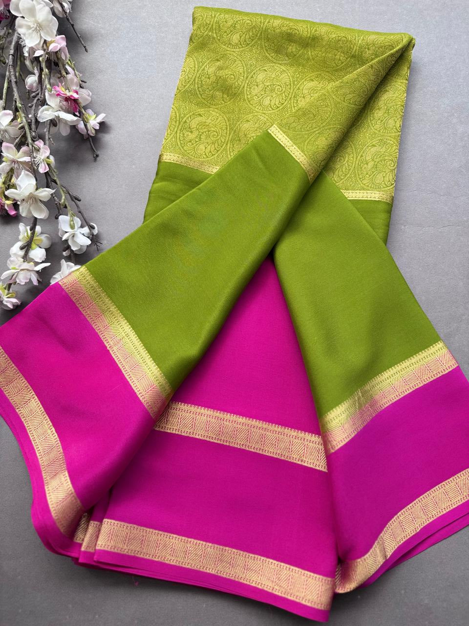 Mehandi Green Pure Mysore Crepe Silk Saree 108