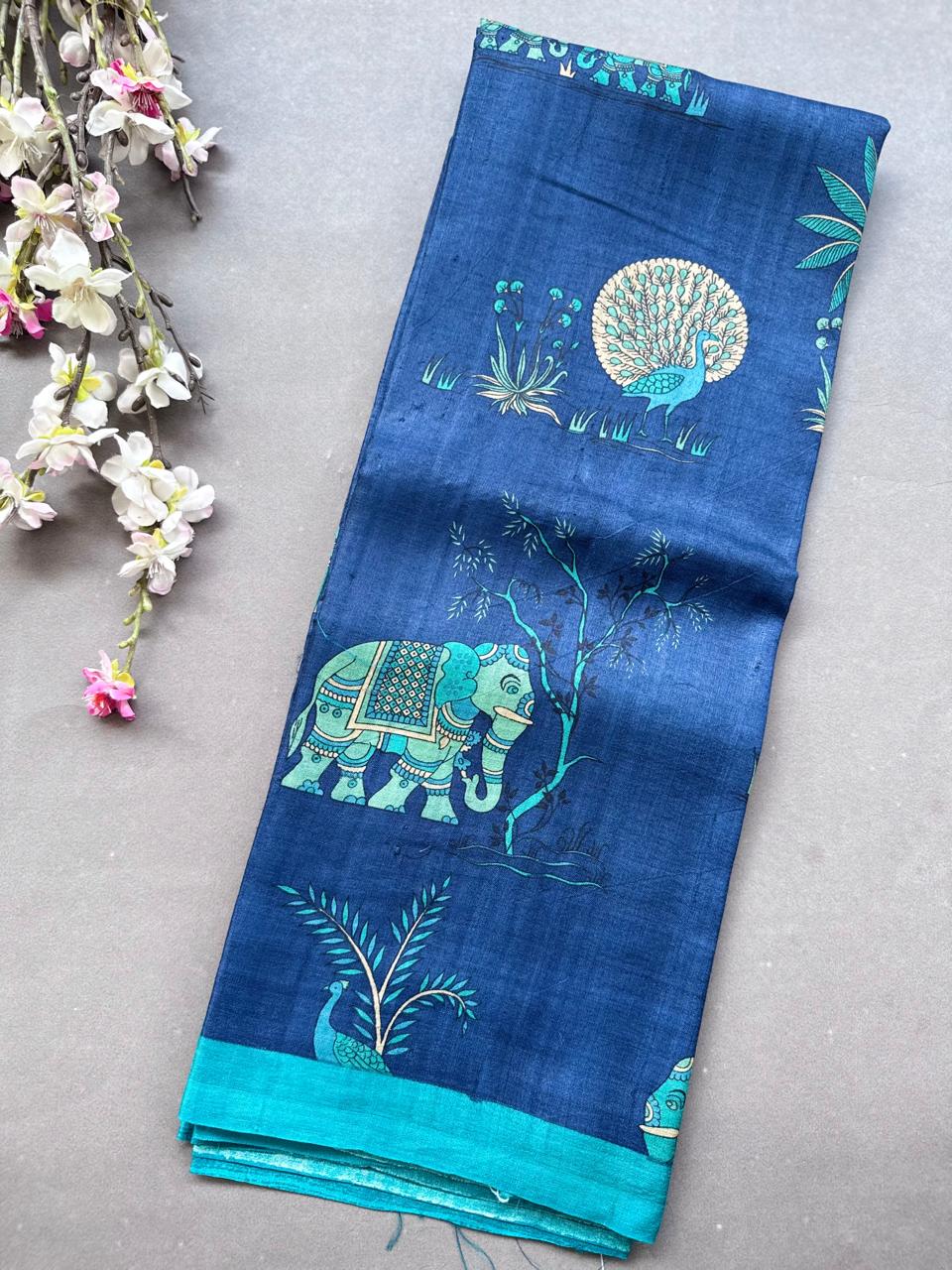 Navy Blue Digital Print Pure Tussar Saree 108