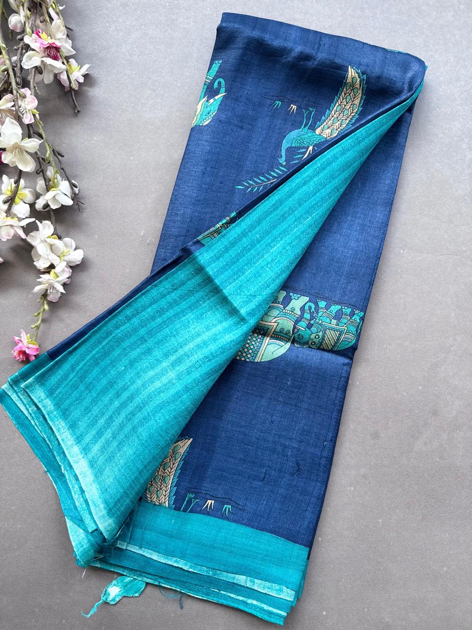 Navy Blue Digital Print Pure Tussar Saree 108