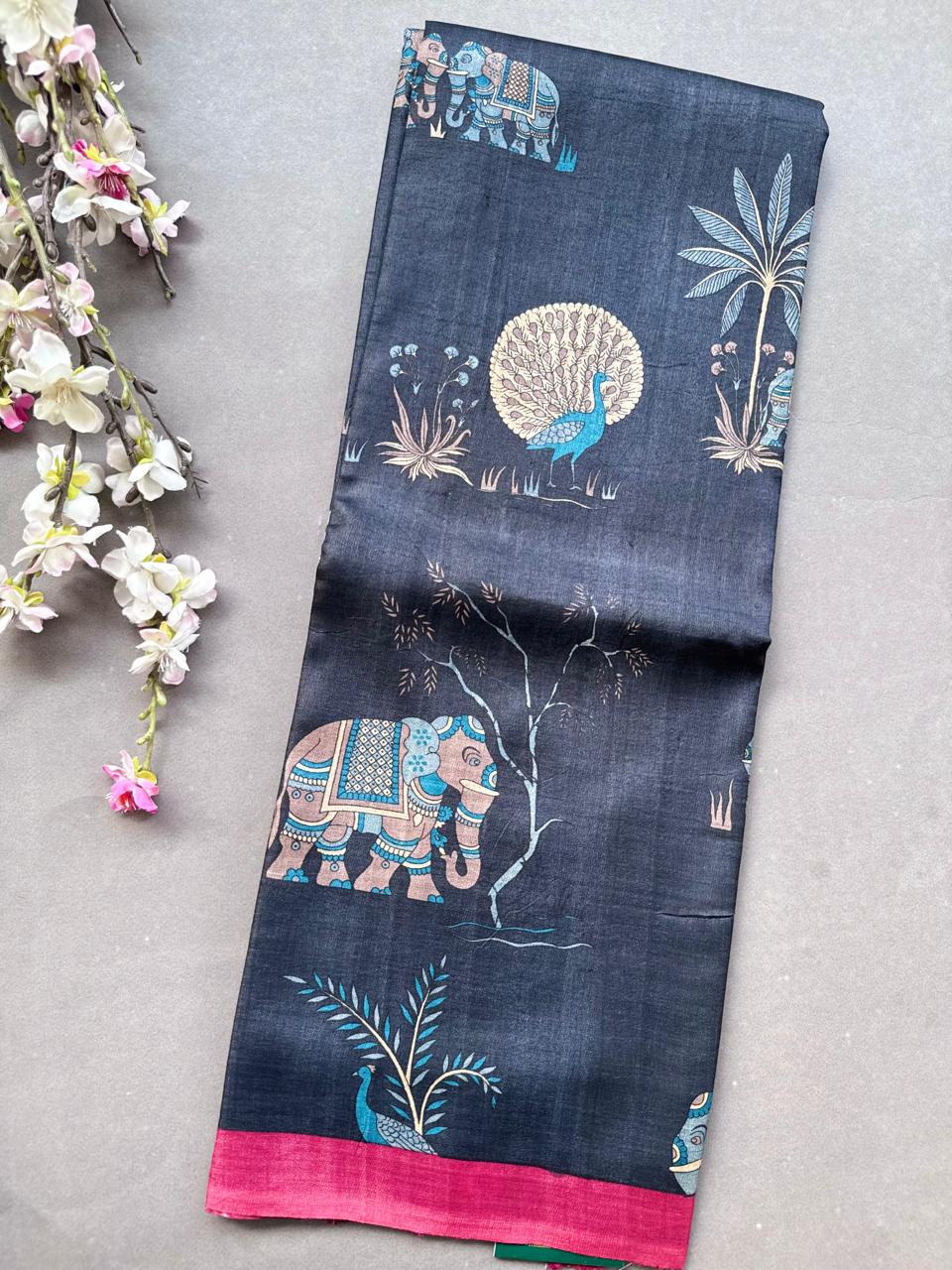 Black Digital Print Pure Tussar Saree 108