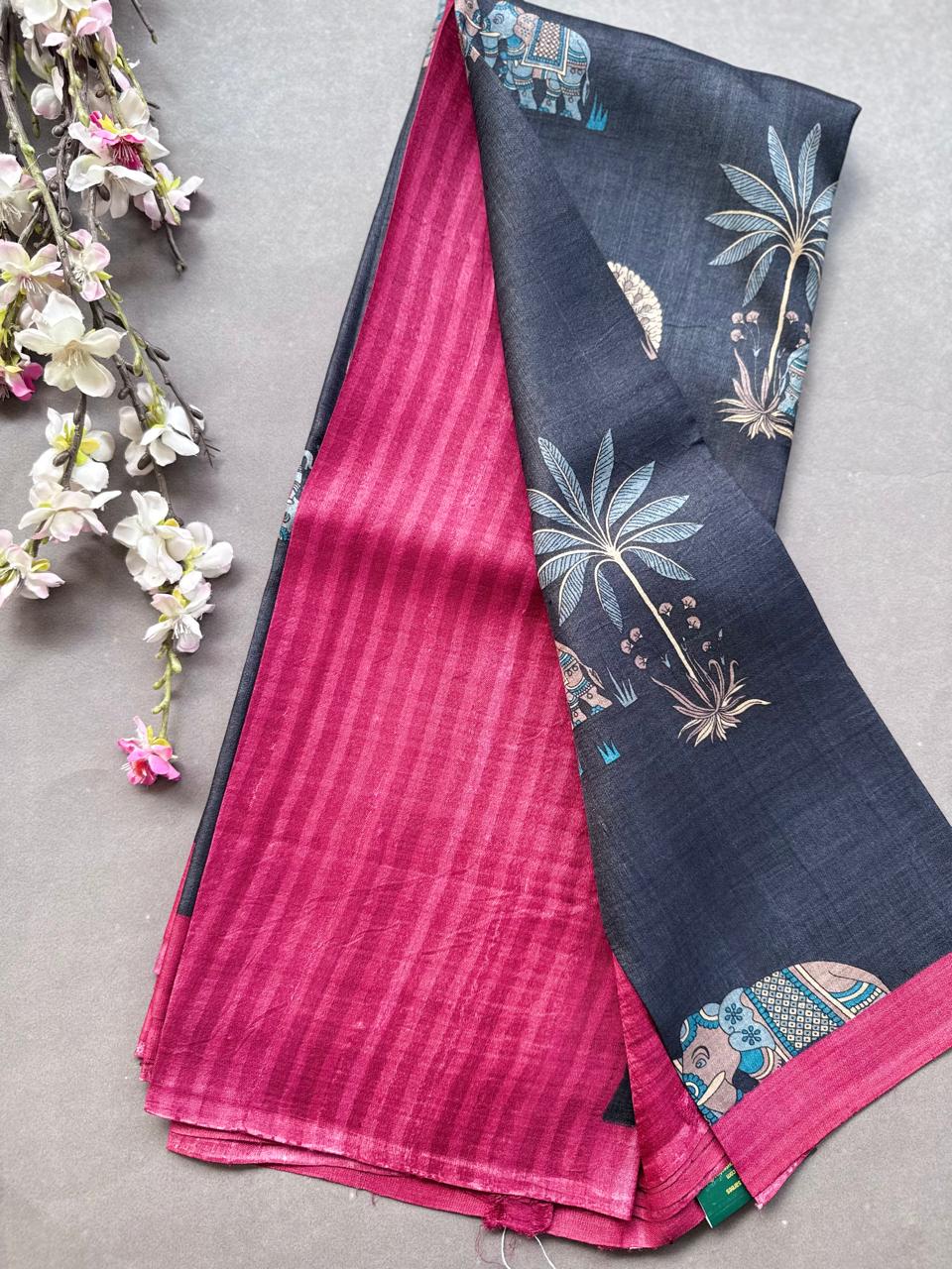 Black Digital Print Pure Tussar Saree 108