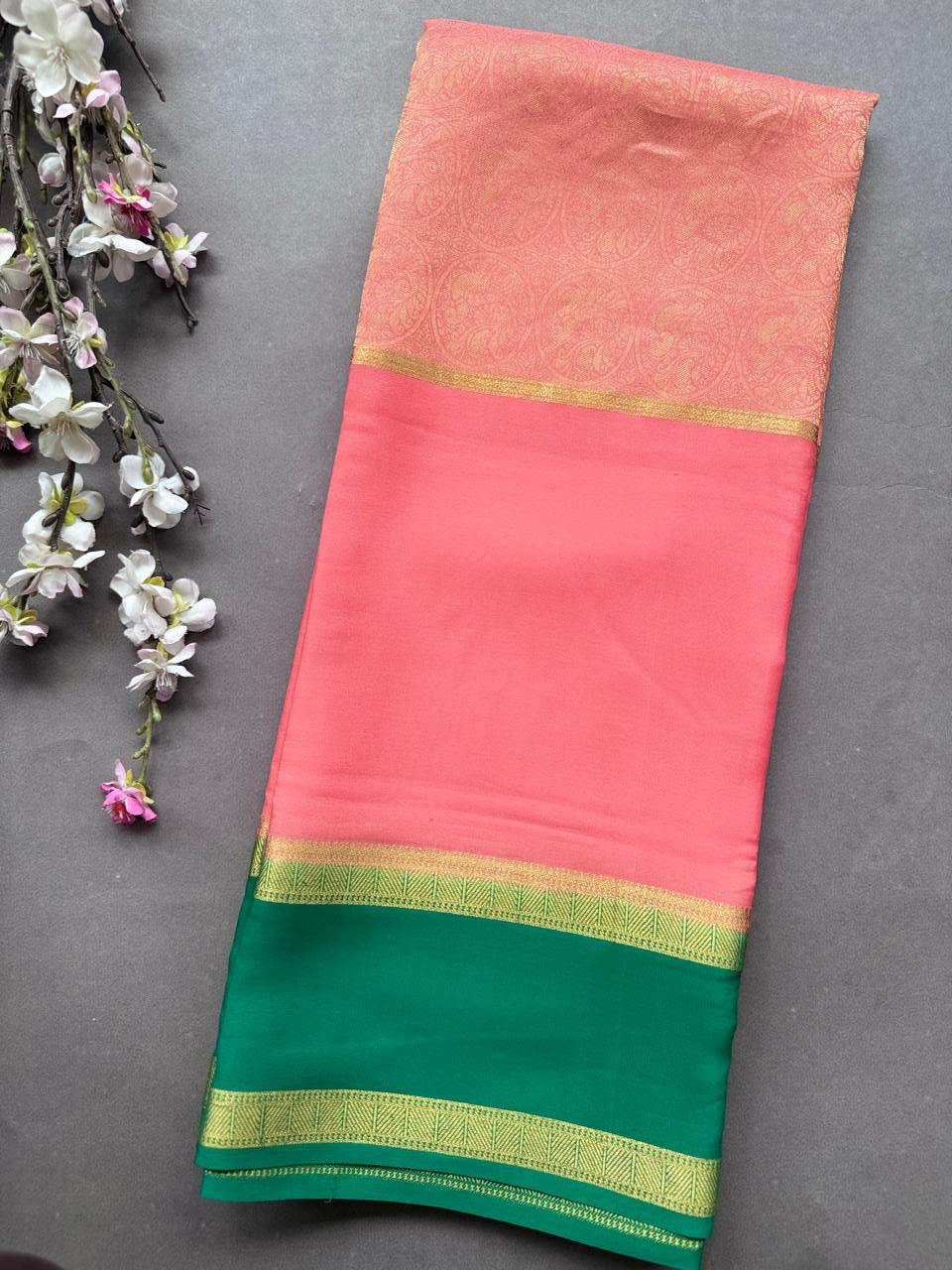 Coral Pink Pure Mysore Crepe Silk Saree 108
