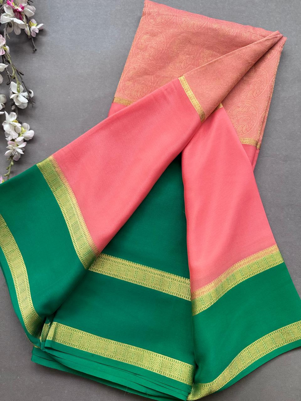 Coral Pink Pure Mysore Crepe Silk Saree 108