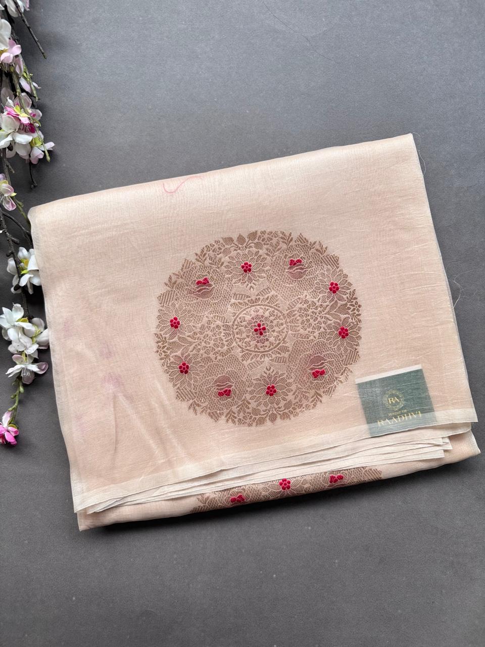 Cream Pure Kora Organza Silk Saree 108