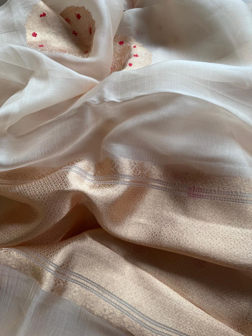 Cream Pure Kora Organza Silk Saree 108