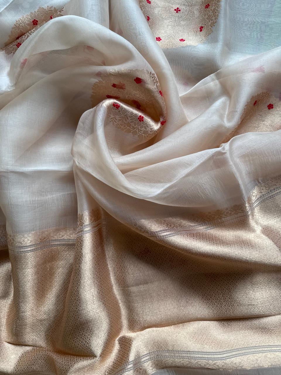 Cream Pure Kora Organza Silk Saree 108