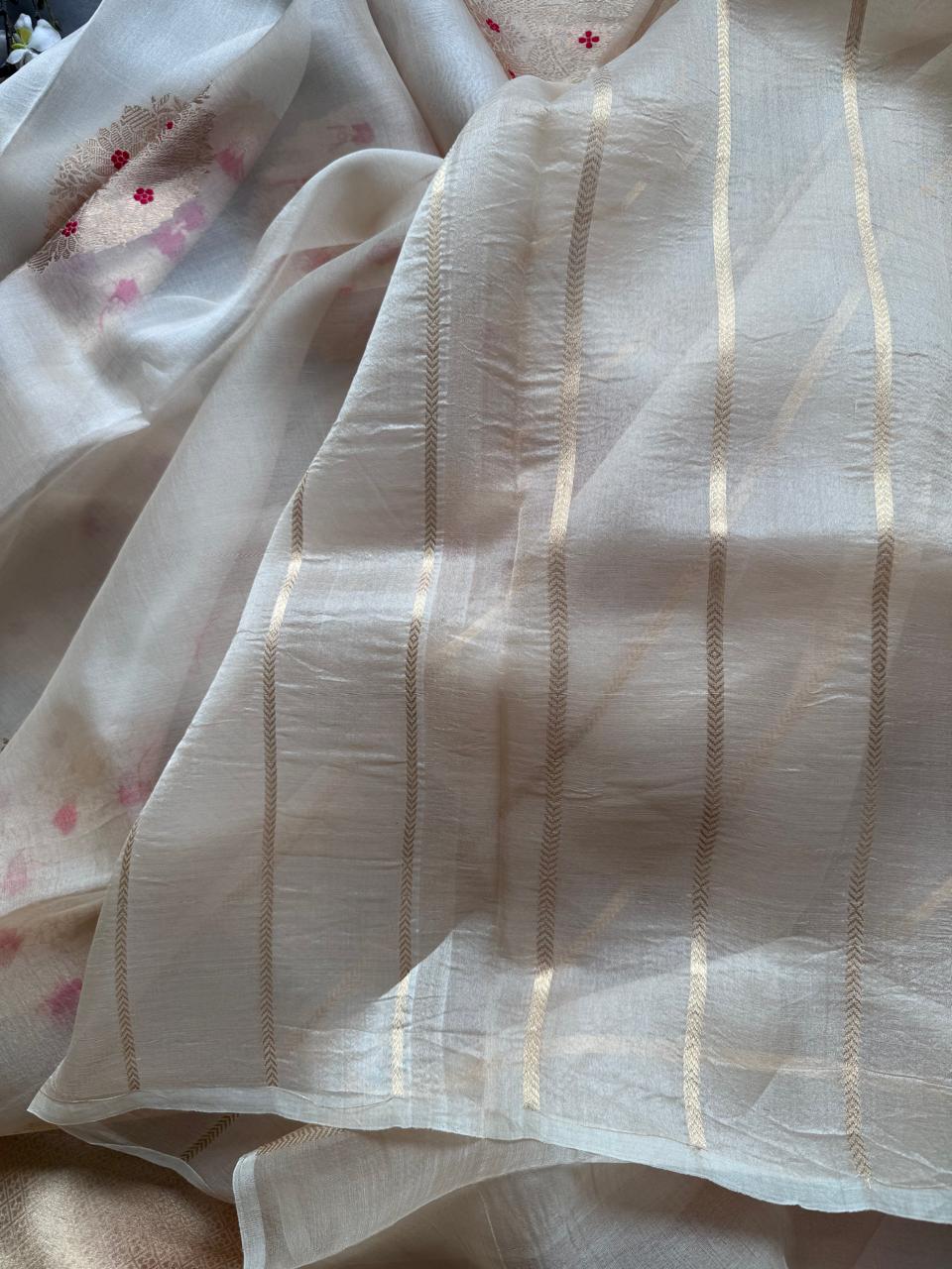 Cream Pure Kora Organza Silk Saree 108