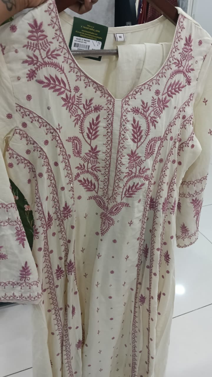 Cream and Pink Mul Cotton Block Print Anarkali Kurtha 342