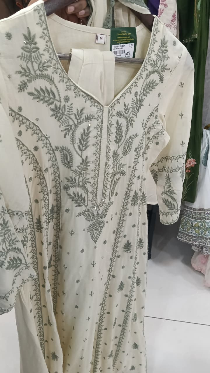 Cream and Pista Green Mul Cotton Block Print Anarkali Kurtha 342