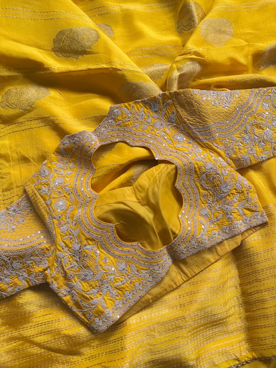Yellow Dola Crepe Saree with Stitched Blouse 108