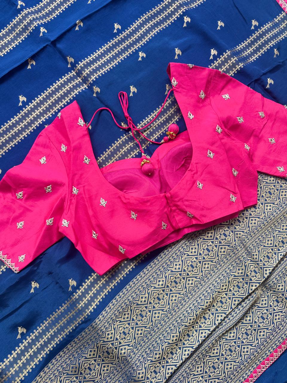 Navy Blue Dola Silk Saree with Stitched Blouse 108