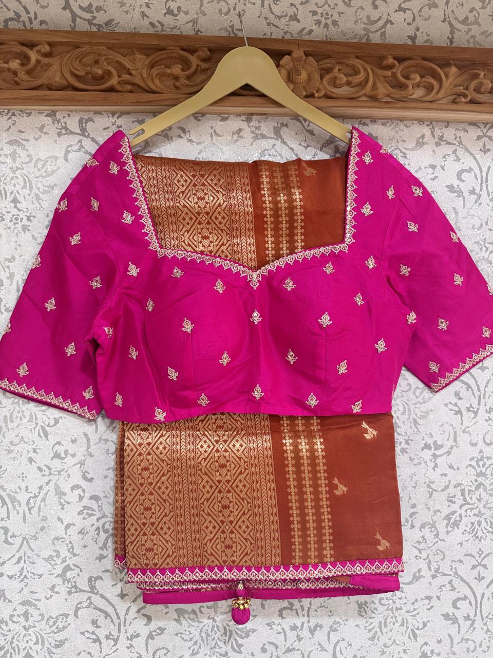 Rust Orange Dola Silk Saree with Stitched Blouse 108