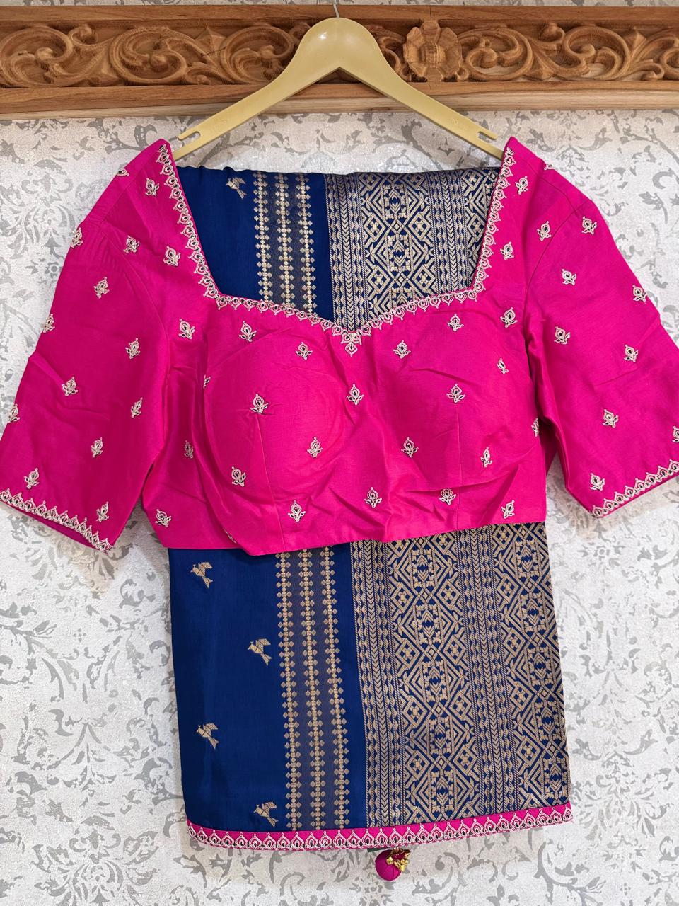 Navy Blue Dola Silk Saree with Stitched Blouse 108
