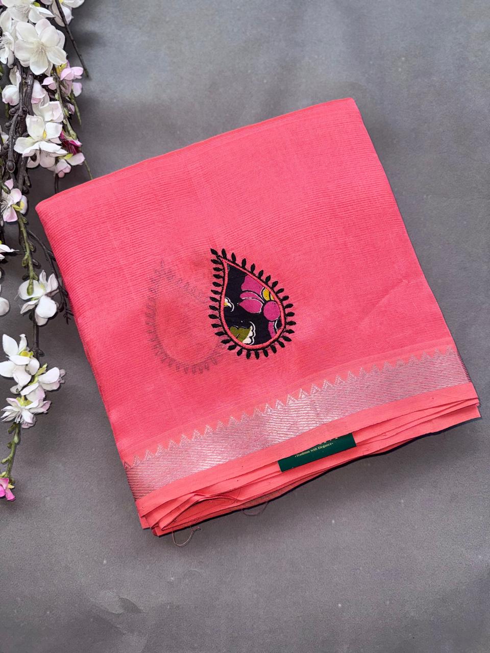 Coral Pink Applique Work Mangalgiri Silk Saree 108