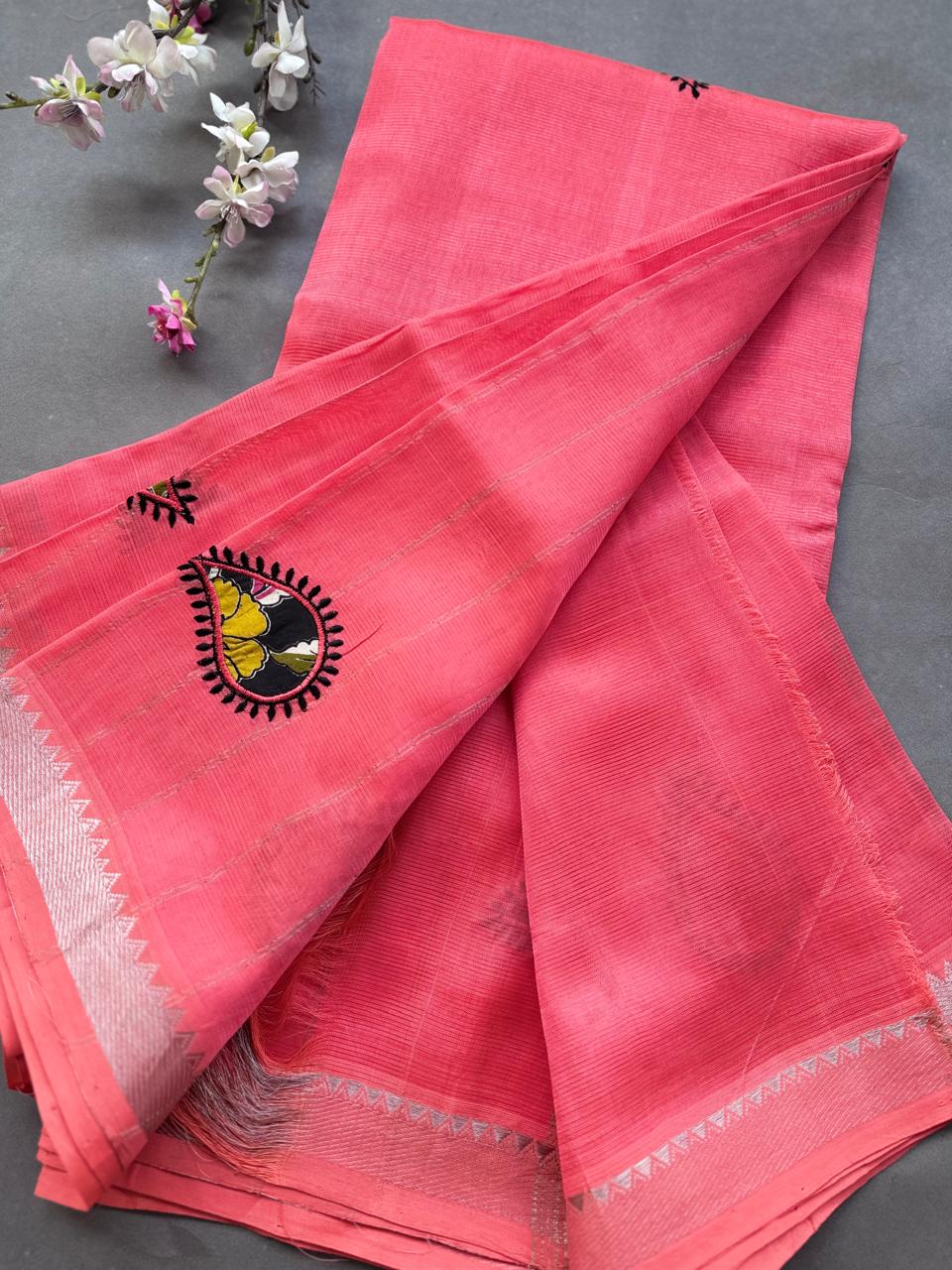 Coral Pink Applique Work Mangalgiri Silk Saree 108